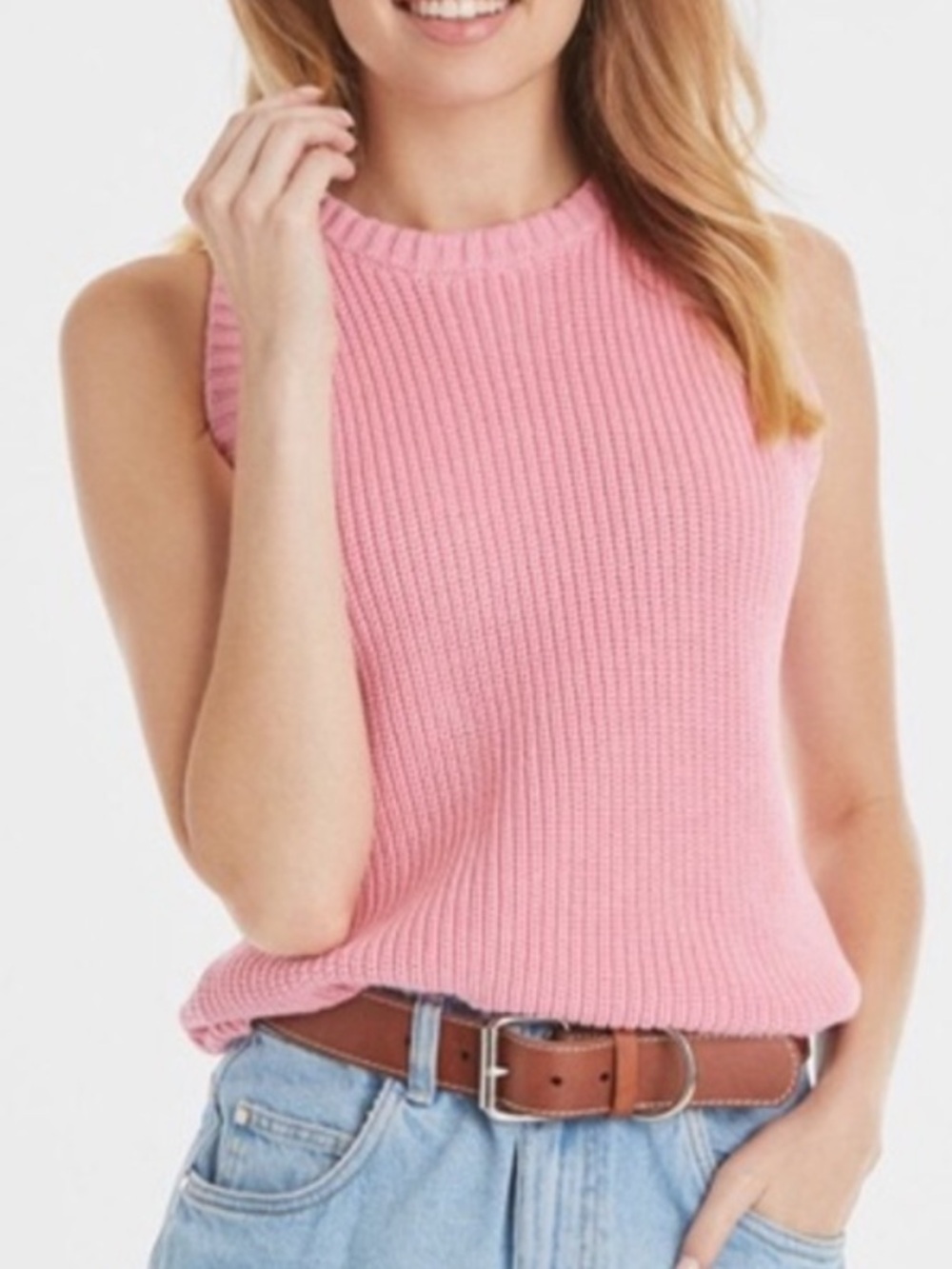 525 America High Neck Sleeveless Sweater Vest Heavy Knit Pink S Preppy Cotton